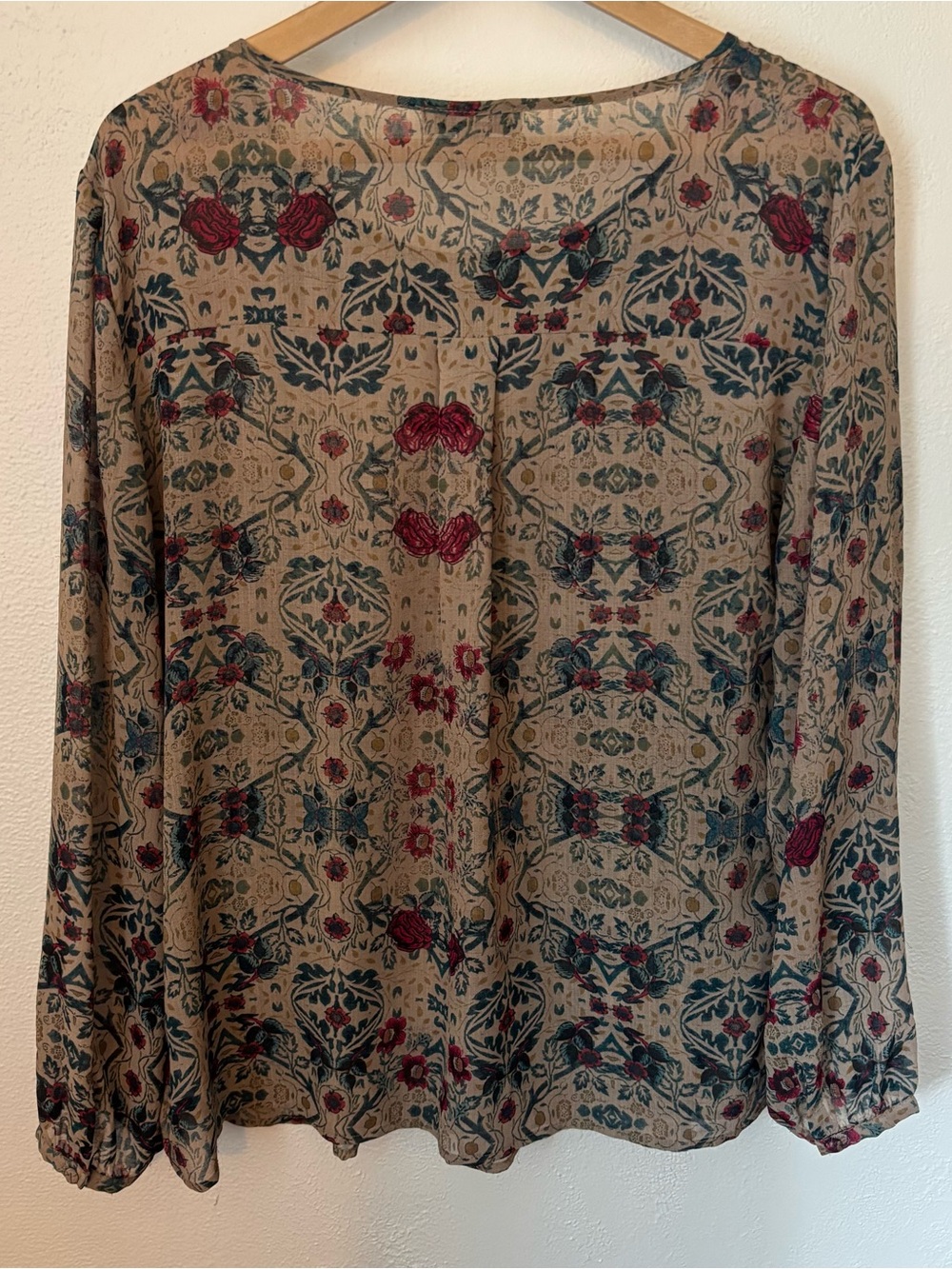 Vintage America XL Floral Smocked Lace Boho Peasant Blouse Sheer Fall Top - Picture 3 of 5